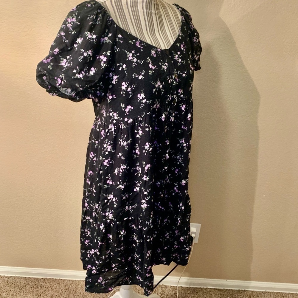 Wild Fable Boho Dress Medium Black Floral Purple Green Flowy Puff Sleeves - Picture 5 of 16